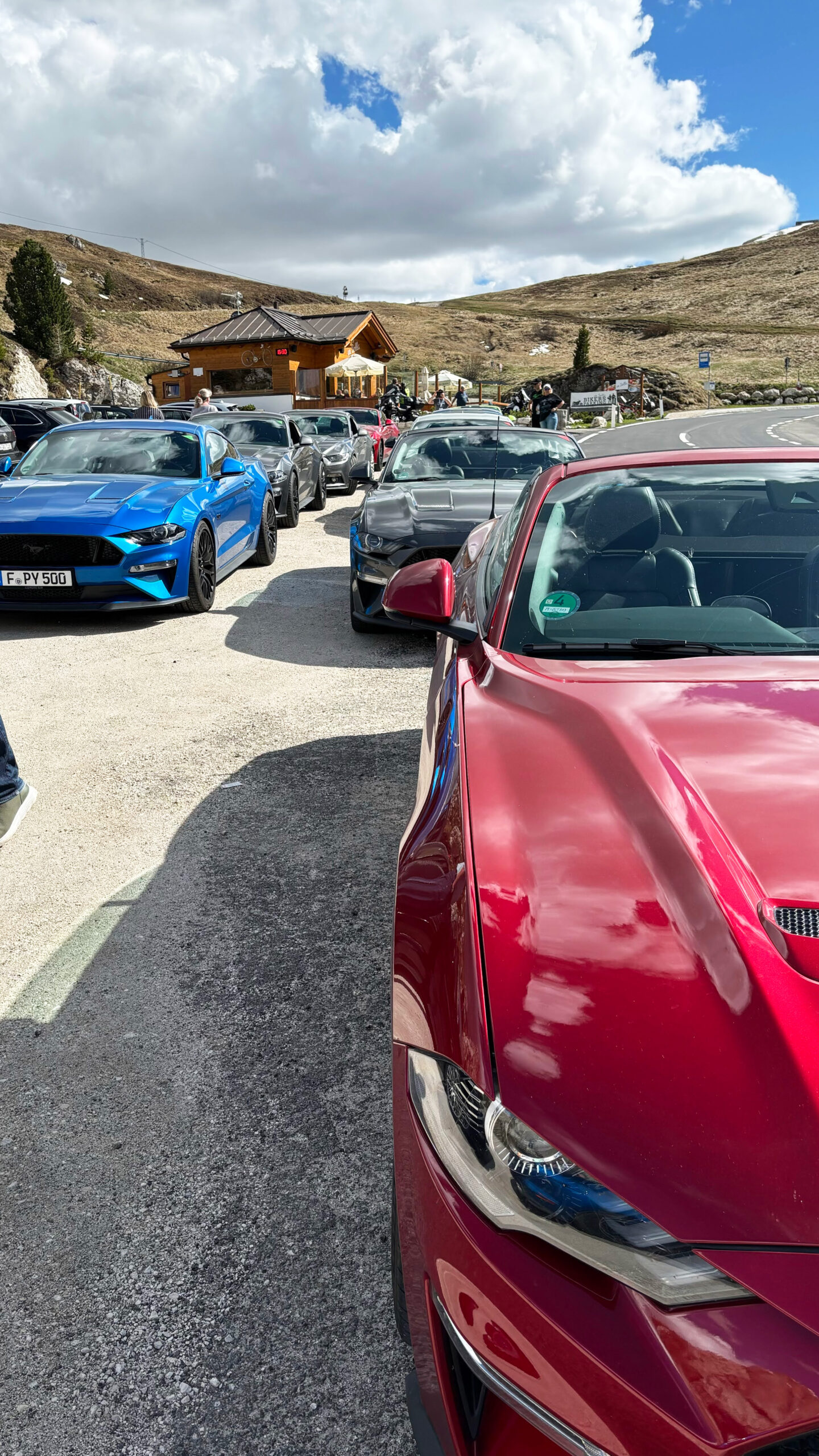 Autoschlange mit mehreren Mustangs, aufgenommen aus nächster Nähe.